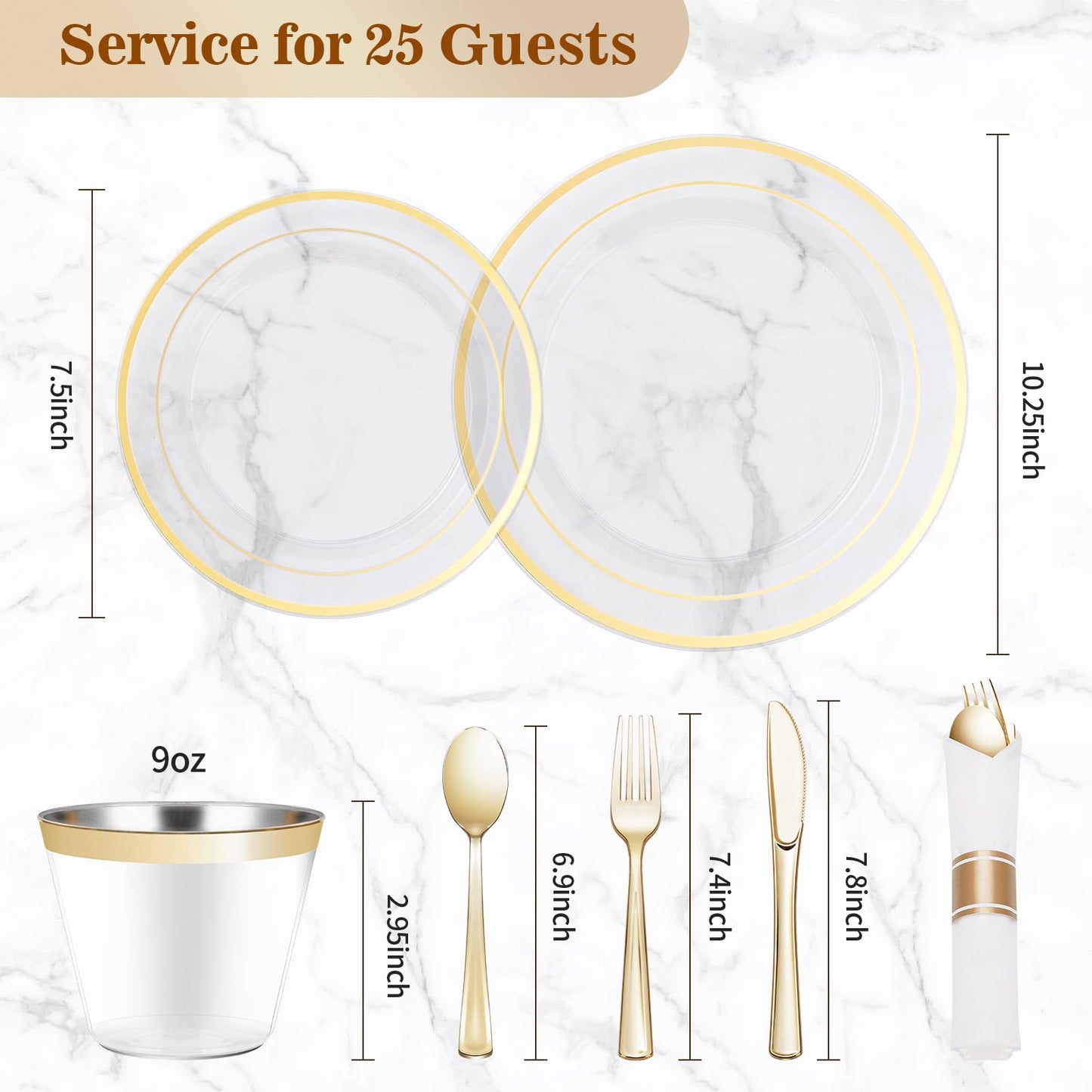 350PCS Gold Plastic Disposable Dinnerware Set, for 50 Guests, Include: 100 Plastic Plates, 50 Pre Rolled Napkins with Gold Silverware, 50 Cups