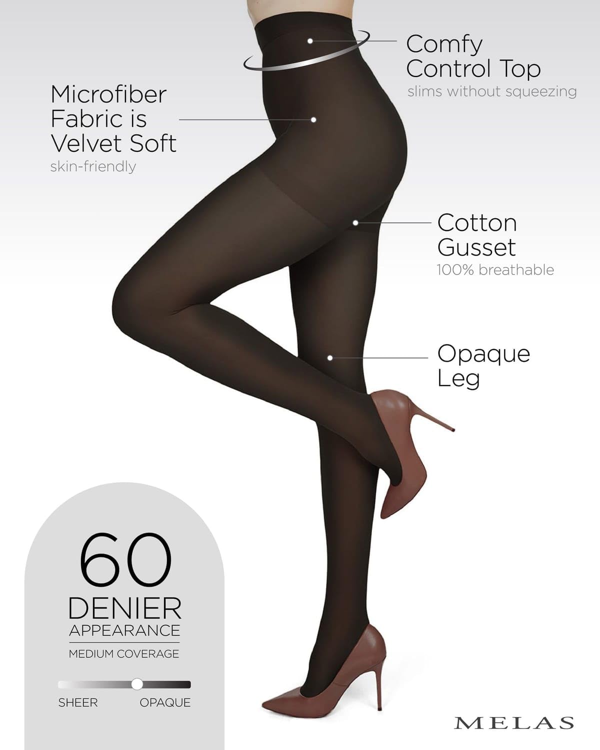 Melas 6 Pack of Microfiber Control Top Tights, Comfortable Velvet Soft Opaque Tights, 60 Denier - Sizes XS to Q2