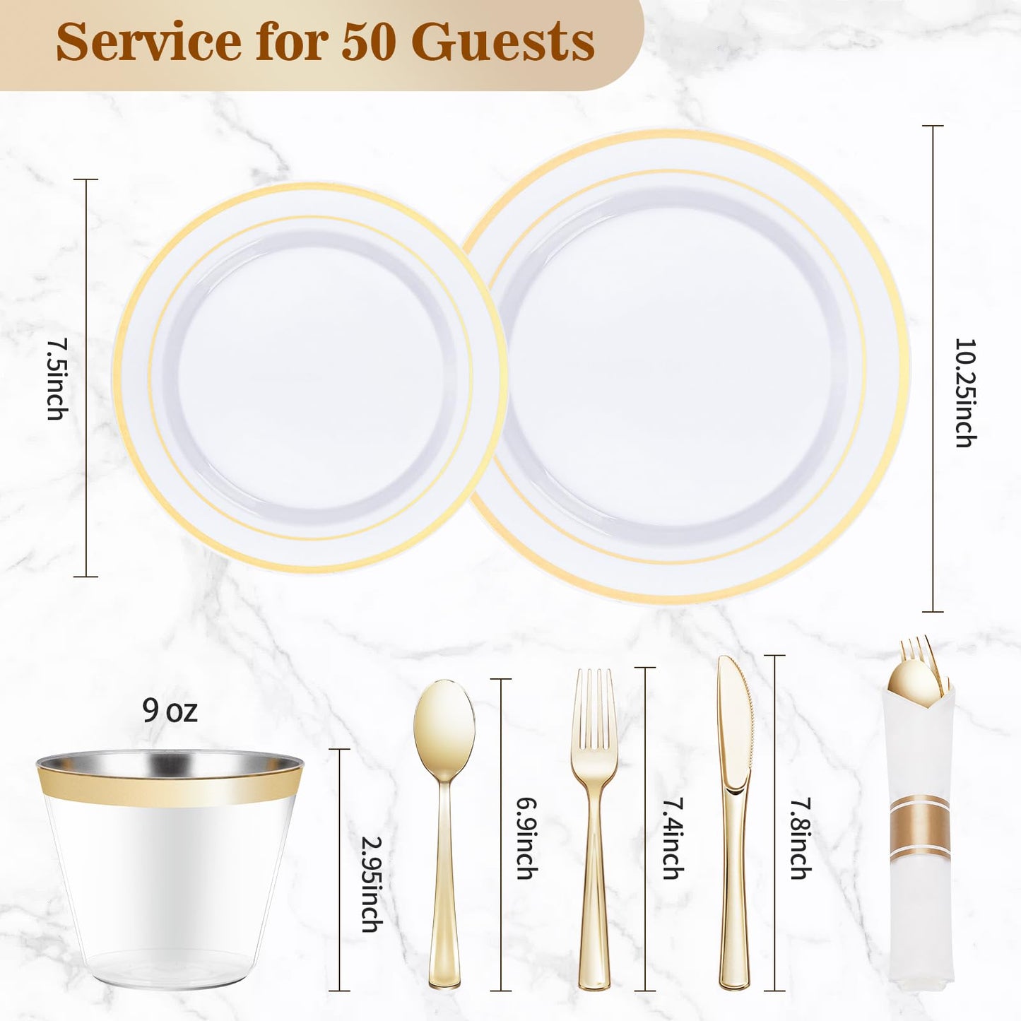 350PCS Gold Plastic Disposable Dinnerware Set, for 50 Guests, Include: 100 Plastic Plates, 50 Pre Rolled Napkins with Gold Silverware, 50 Cups