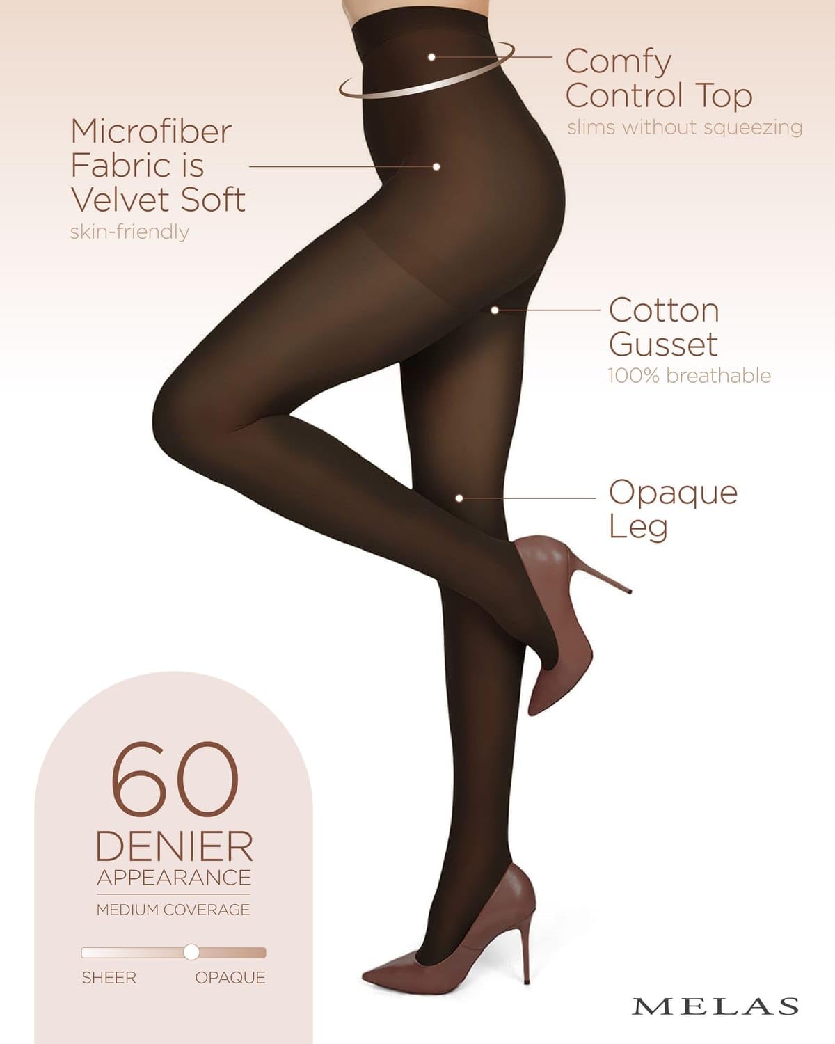 Melas 6 Pack of Microfiber Control Top Tights, Comfortable Velvet Soft Opaque Tights, 60 Denier - Sizes XS to Q2