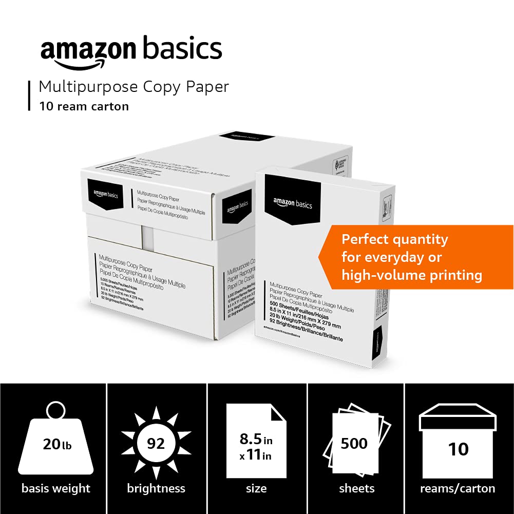 Multipurpose Copy Printer Paper, 20 lb, 8.5 x 11 Inches, 3 Reams (1,500 Sheets), 92 Bright, White