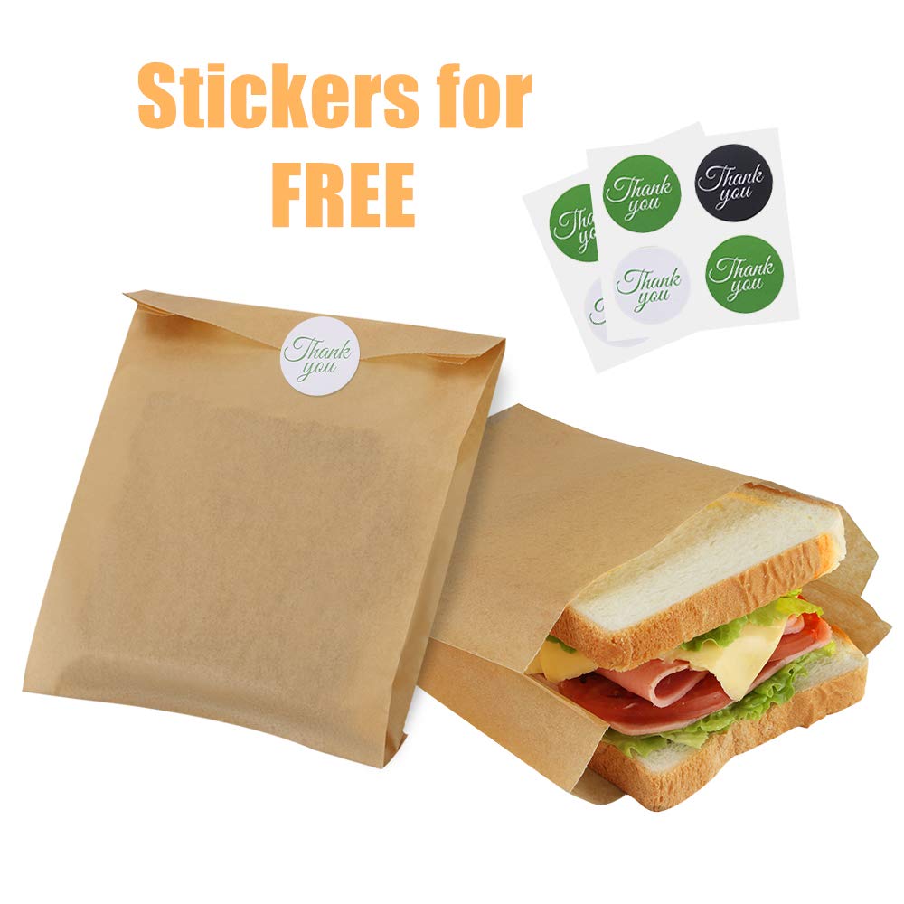 BagDream Paper Sandwich Bags 7.9x6.3x1.96 Inches 200ct Sealable with Thank You Stickers