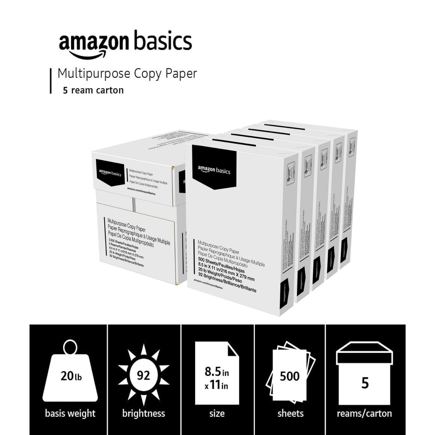 Multipurpose Copy Printer Paper, 20 lb, 8.5 x 11 Inches, 3 Reams (1,500 Sheets), 92 Bright, White
