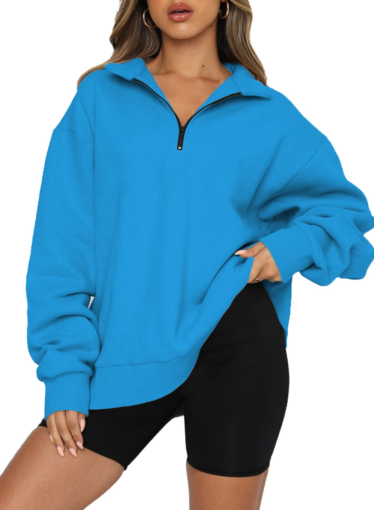 Women's Half Zip Quilted Sweatshirts Crew Neck Long Sleeve Pullover Tops