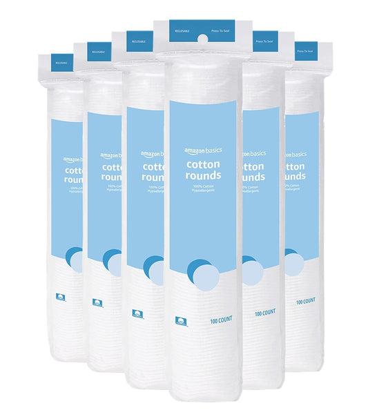 Hypoallergenic 100% Cotton Rounds for Makeup Removal and Skincare, 600 Count, 6 Packs of 100 Count