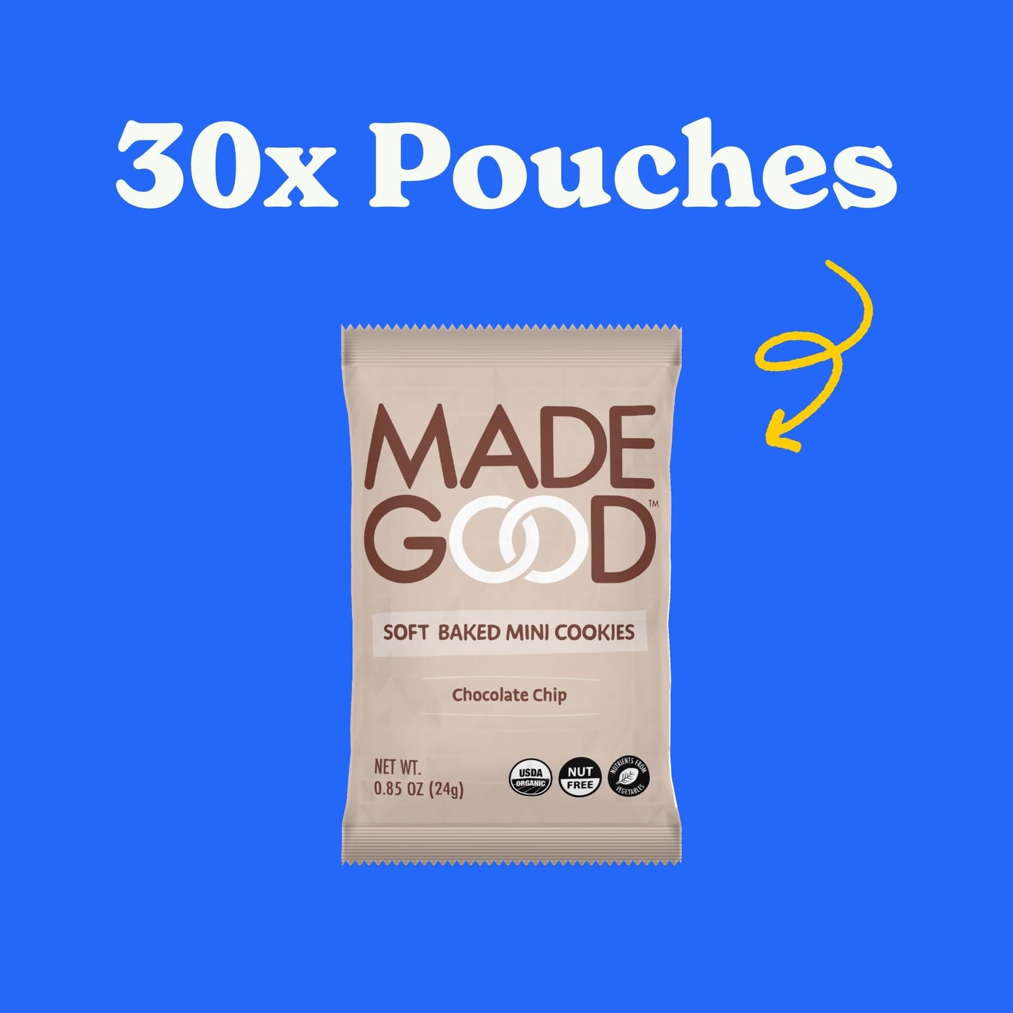 MadeGood Soft Baked Chocolate Chip Mini Cookies, Gluten Free & Safe For School, Pareve, 30 Count