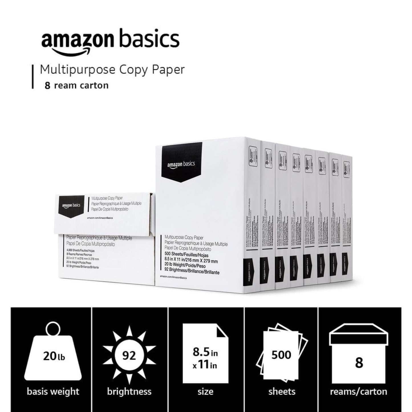 Multipurpose Copy Printer Paper, 20 lb, 8.5 x 11 Inches, 3 Reams (1,500 Sheets), 92 Bright, White