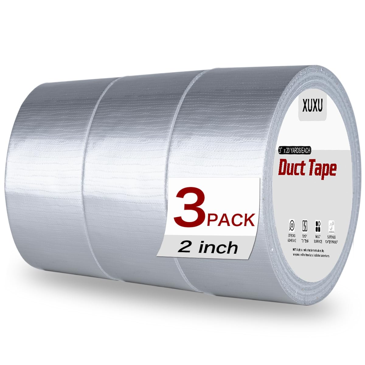 3 Pack Duct Tape Heavy Duty Waterproof, Tear by Hand, 60 Yards x 2 Inch Total