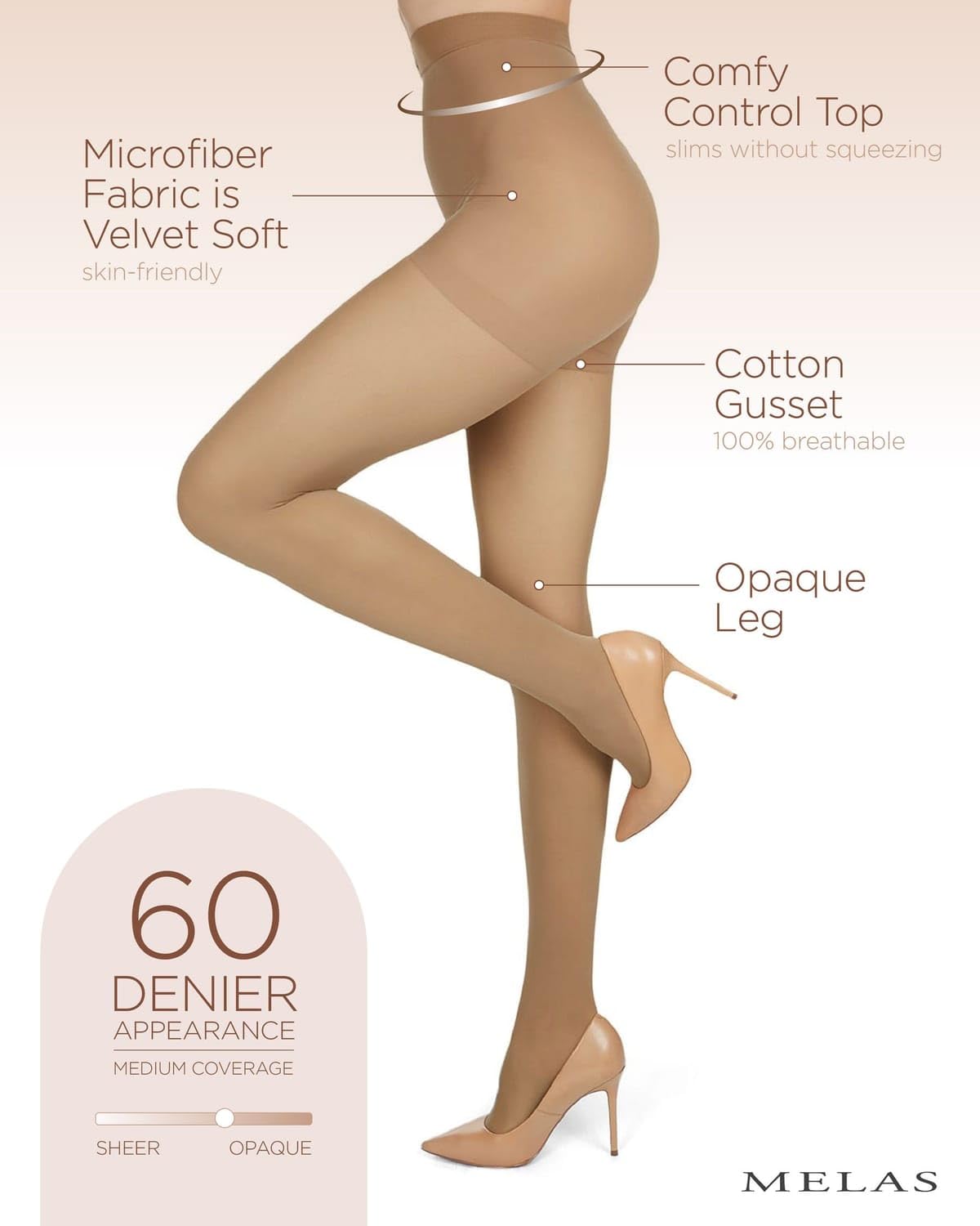 Melas 6 Pack of Microfiber Control Top Tights, Comfortable Velvet Soft Opaque Tights, 60 Denier - Sizes XS to Q2