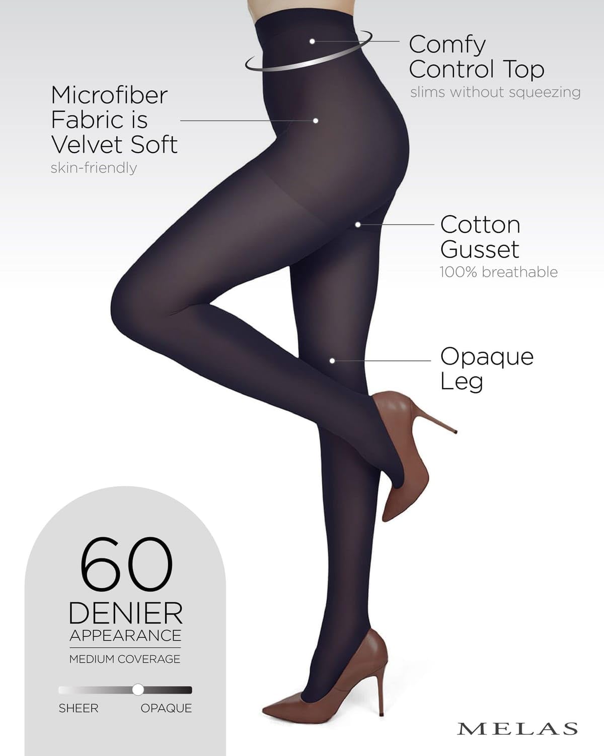 Melas 6 Pack of Microfiber Control Top Tights, Comfortable Velvet Soft Opaque Tights, 60 Denier - Sizes XS to Q2