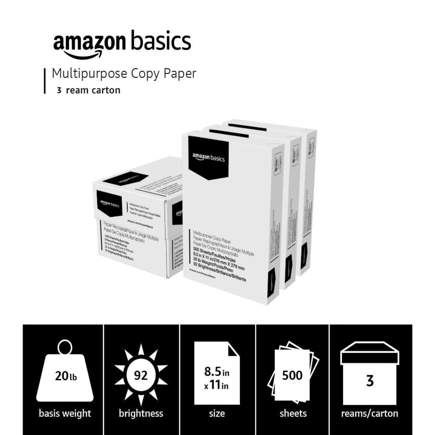 Multipurpose Copy Printer Paper, 20 lb, 8.5 x 11 Inches, 3 Reams (1,500 Sheets), 92 Bright, White