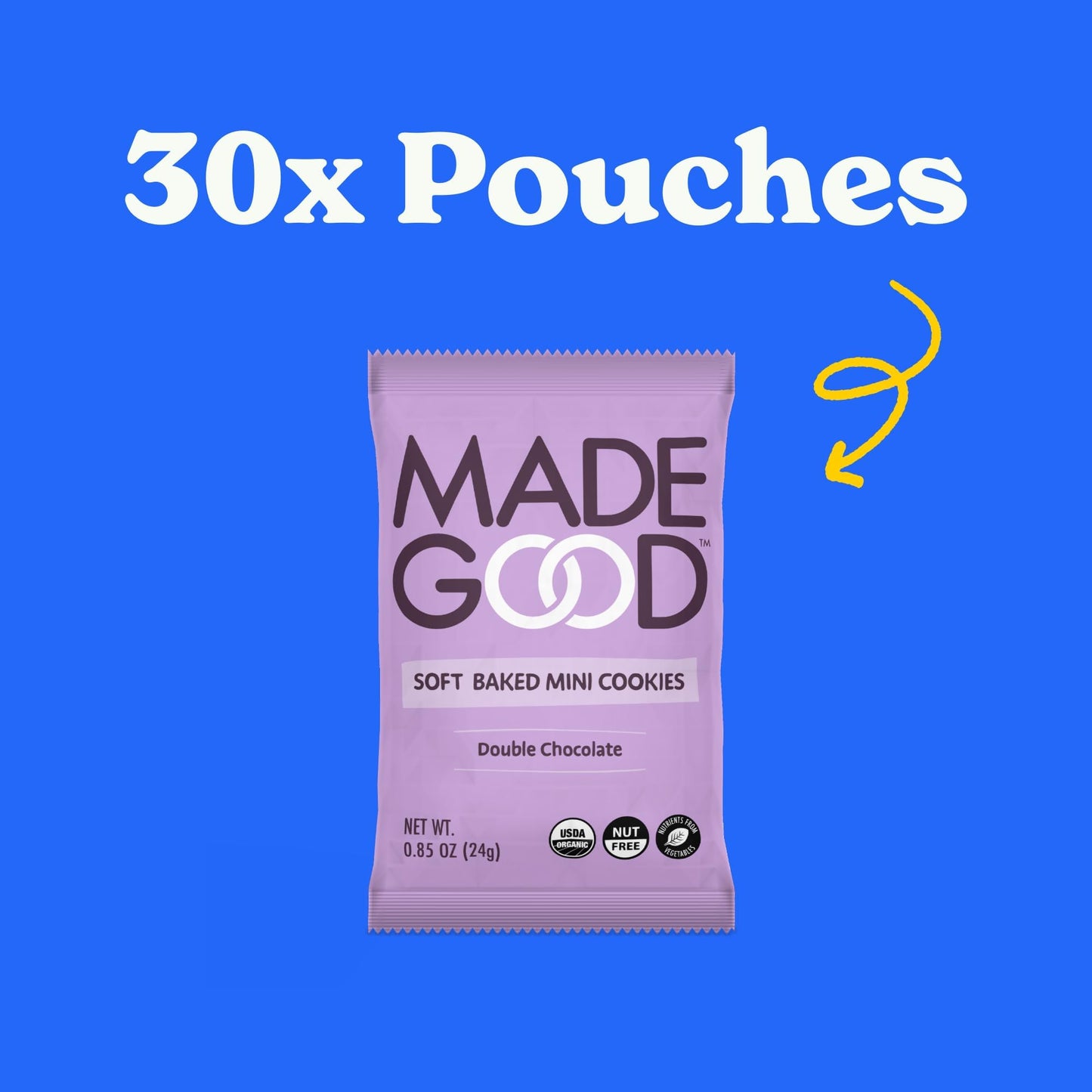 MadeGood Soft Baked Chocolate Chip Mini Cookies, Gluten Free & Safe For School, Pareve, 30 Count