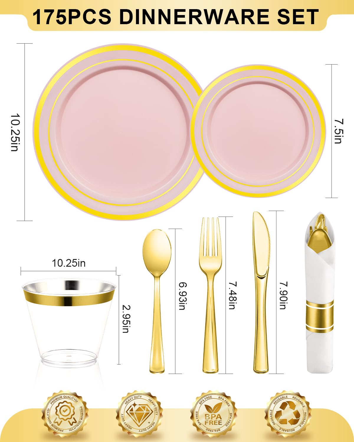 350PCS Gold Plastic Disposable Dinnerware Set, for 50 Guests, Include: 100 Plastic Plates, 50 Pre Rolled Napkins with Gold Silverware, 50 Cups