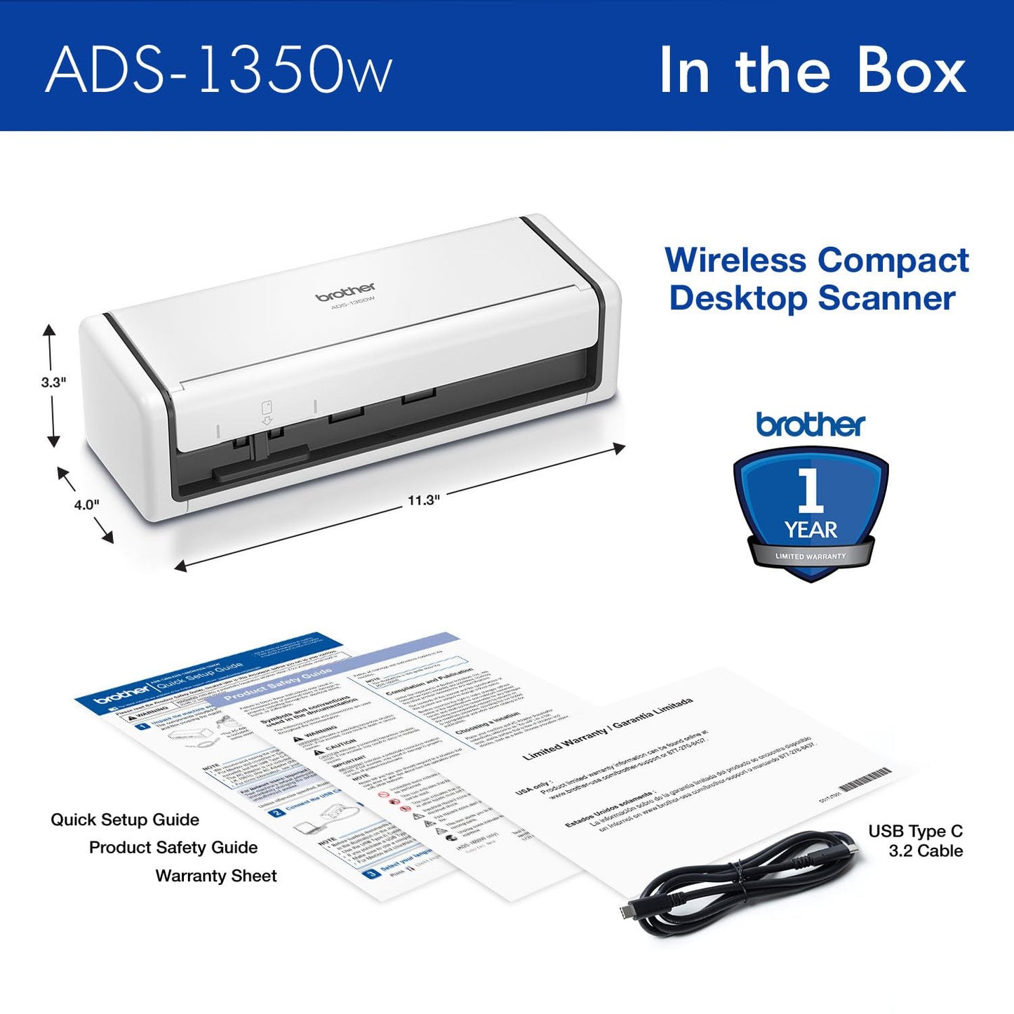 Brother ADS-1350W Wireless Compact Desktop Scanner | Scan Speeds of Up to 30ppm | Single Pass Double-Sided Scanning