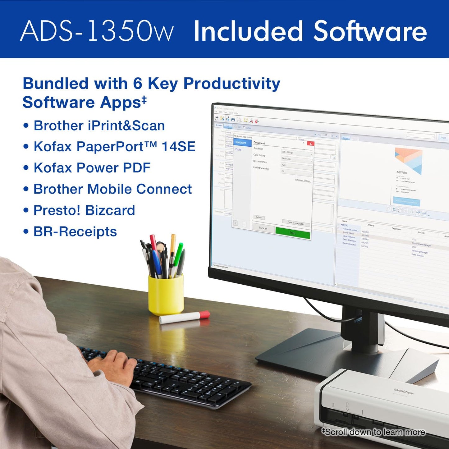 Brother ADS-1350W Wireless Compact Desktop Scanner | Scan Speeds of Up to 30ppm | Single Pass Double-Sided Scanning