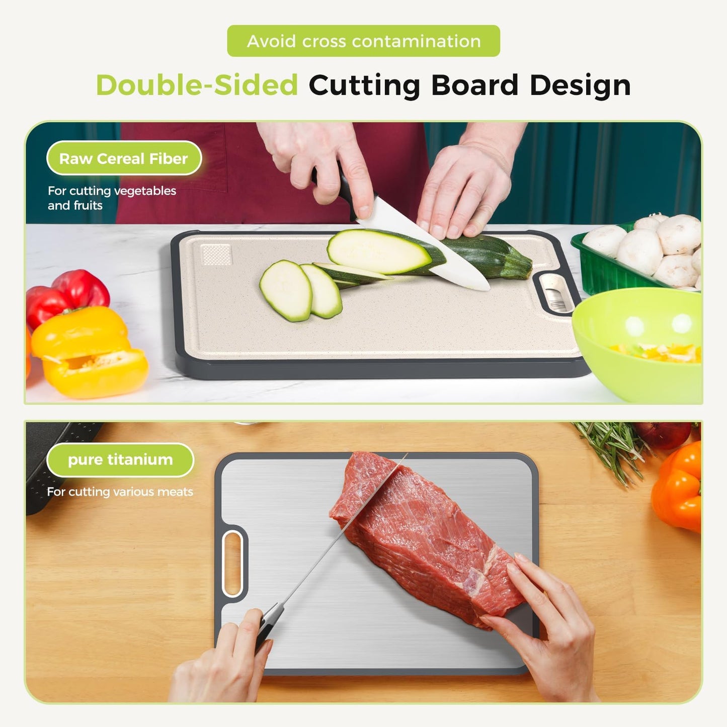 Double Sided Titanium Cutting Board and Wheat Straw, Food Grade, Easy to Clean
