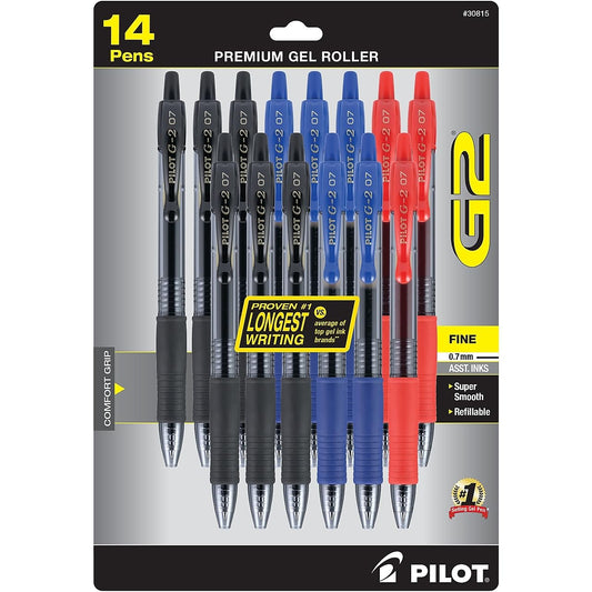 Pilot G2 Premium Gel Roller Pens, Pack of 14, Black, Blue, Red