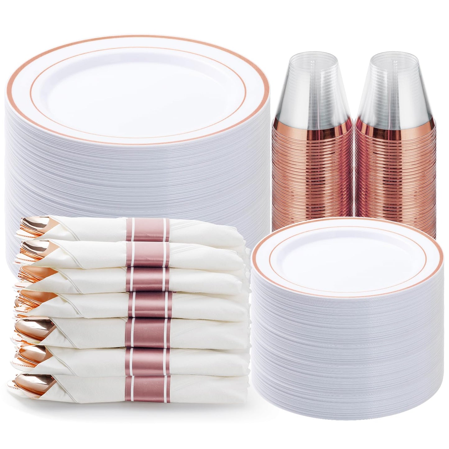 350PCS Gold Plastic Disposable Dinnerware Set, for 50 Guests, Include: 100 Plastic Plates, 50 Pre Rolled Napkins with Gold Silverware, 50 Cups