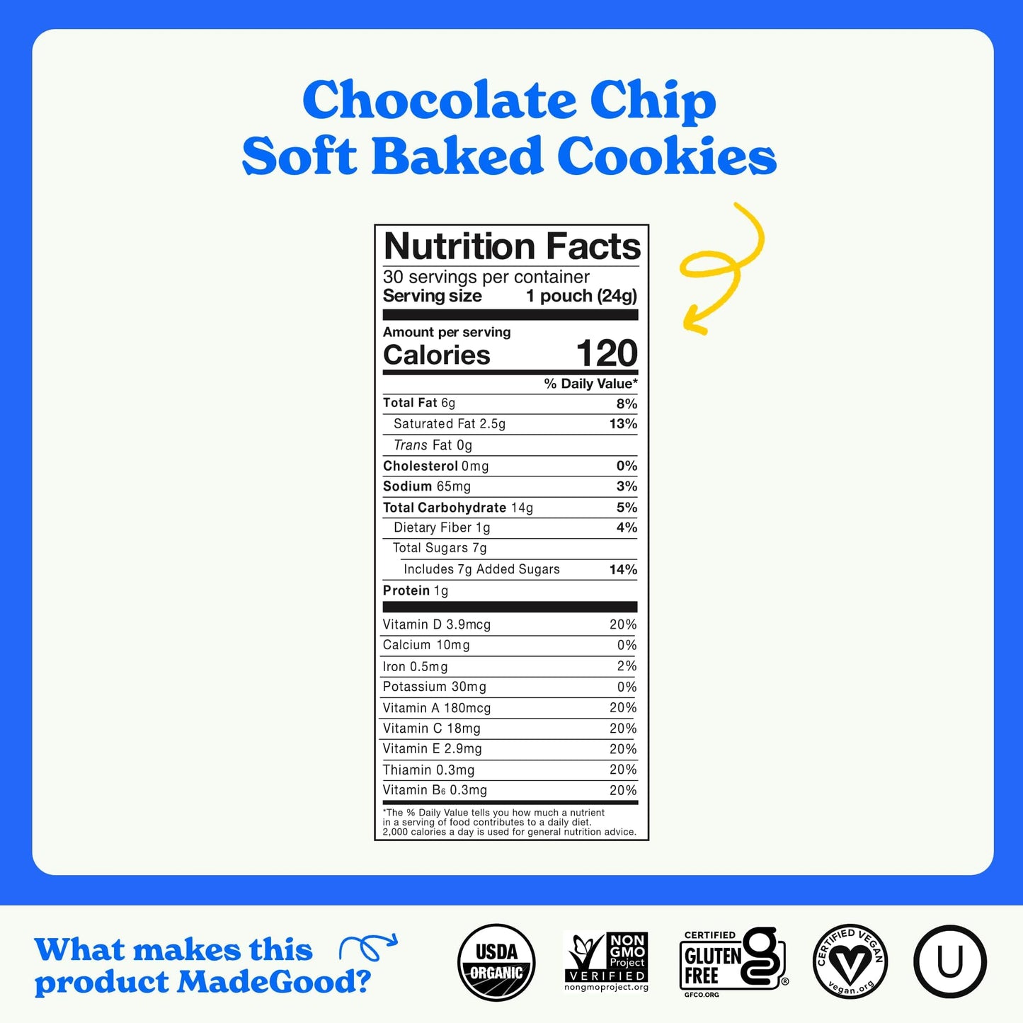 MadeGood Soft Baked Chocolate Chip Mini Cookies, Gluten Free & Safe For School, Pareve, 30 Count