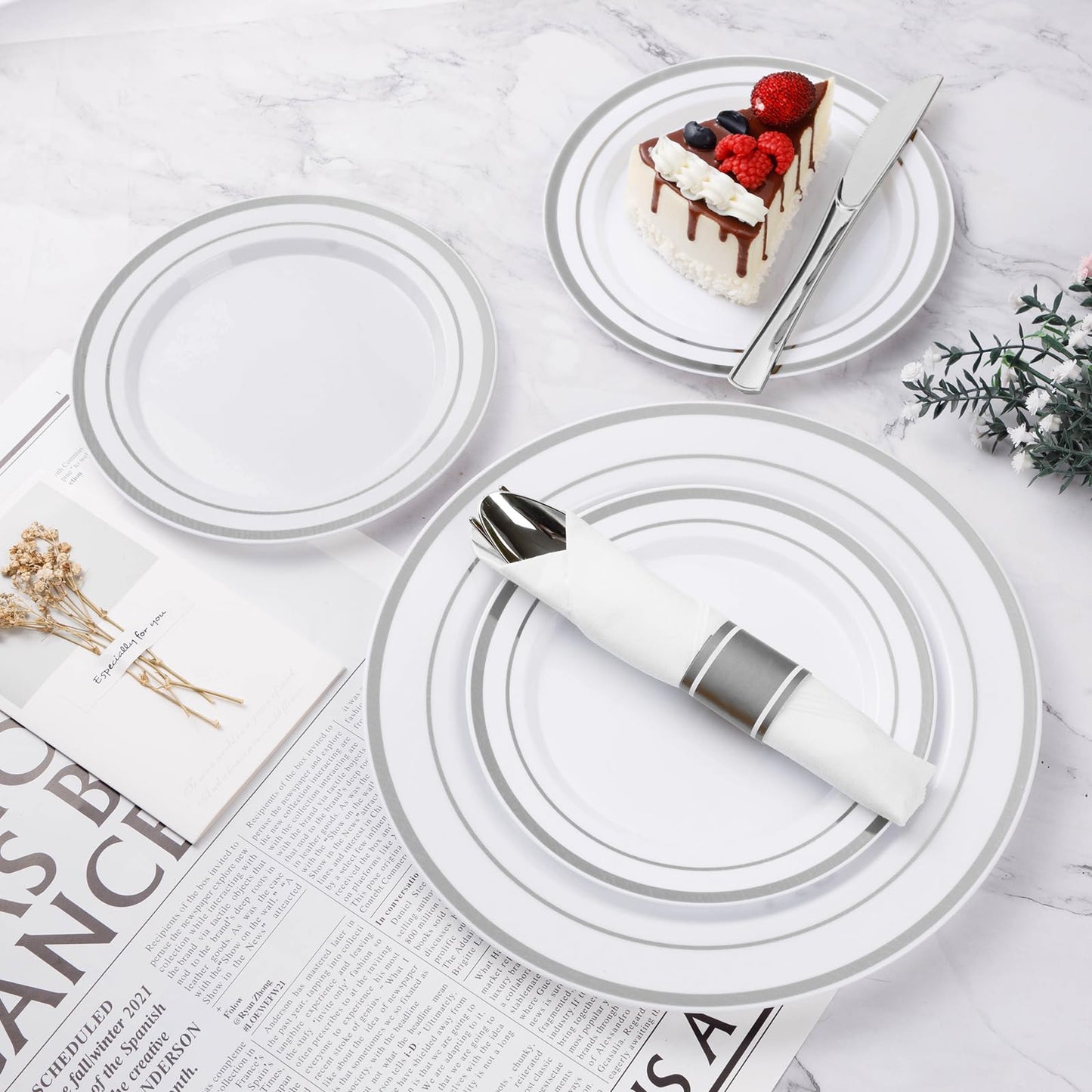 350PCS Gold Plastic Disposable Dinnerware Set, for 50 Guests, Include: 100 Plastic Plates, 50 Pre Rolled Napkins with Gold Silverware, 50 Cups