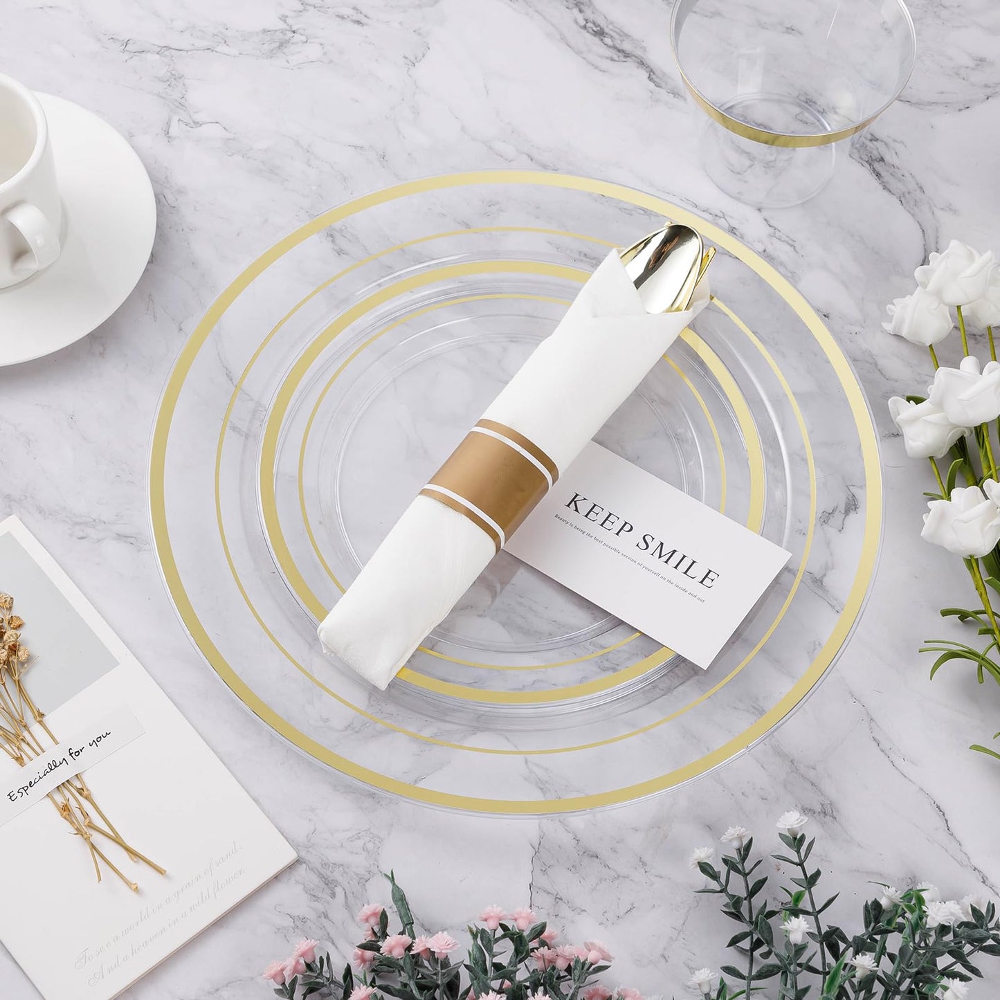 350PCS Gold Plastic Disposable Dinnerware Set, for 50 Guests, Include: 100 Plastic Plates, 50 Pre Rolled Napkins with Gold Silverware, 50 Cups