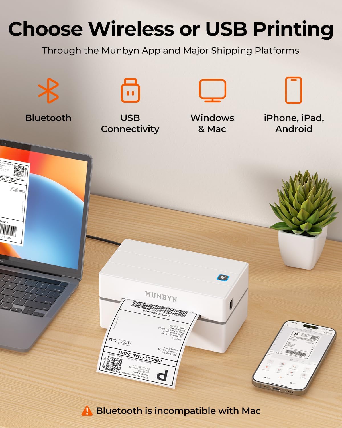 MUNBYN Bluetooth Thermal Label Printer, 130B Wireless 4x6 Shipping Label Printer for Shipping