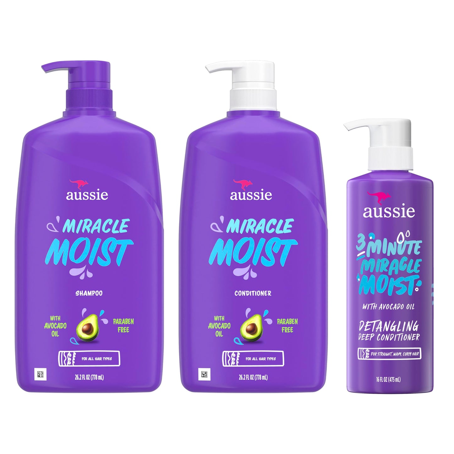 Aussie Miracle Moist Shampoo and Conditioner with 3 Minute Miracle Deep Conditioner 3 Pack 68.4 Fl Oz