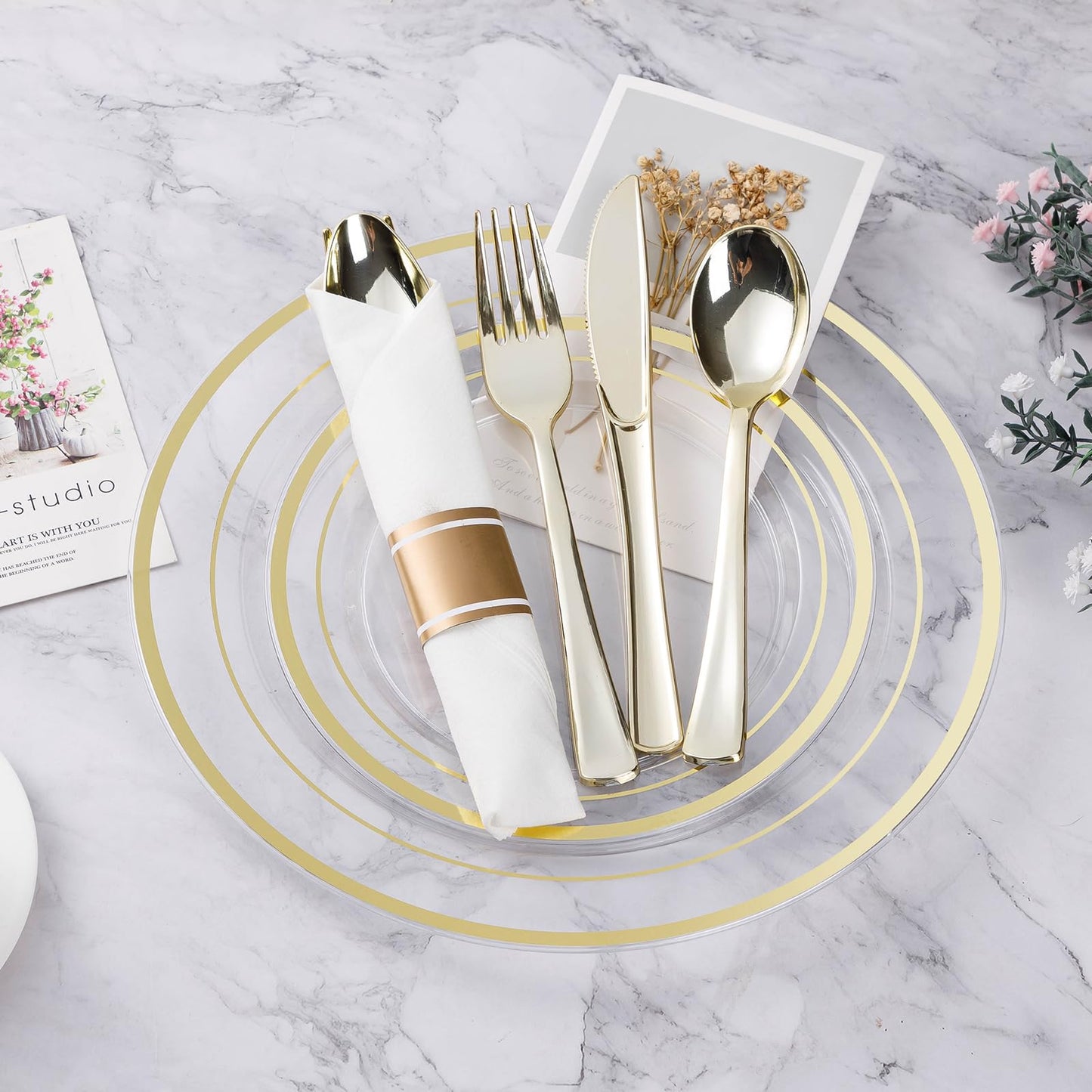350PCS Gold Plastic Disposable Dinnerware Set, for 50 Guests, Include: 100 Plastic Plates, 50 Pre Rolled Napkins with Gold Silverware, 50 Cups