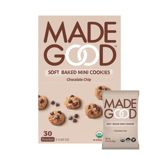 MadeGood Soft Baked Chocolate Chip Mini Cookies, Gluten Free & Safe For School, Pareve, 30 Count