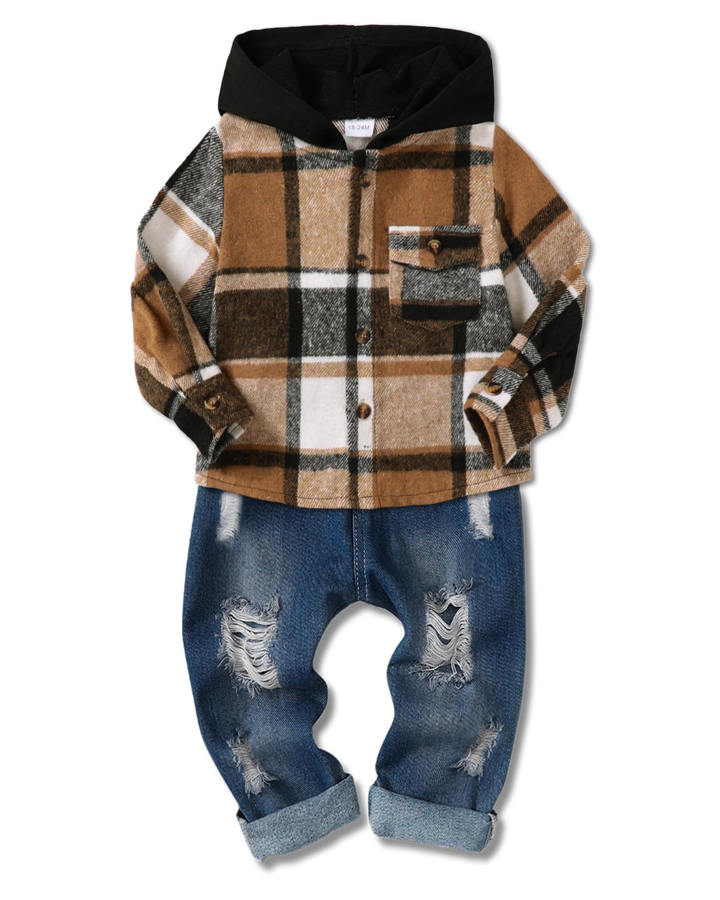 ZOEREA Toddler Baby Boys Clothes Outfits Kids Hoodie Flannel Shirts Set Plaid Hooded Tops +Jeans Pants Fall Winter 2-6T