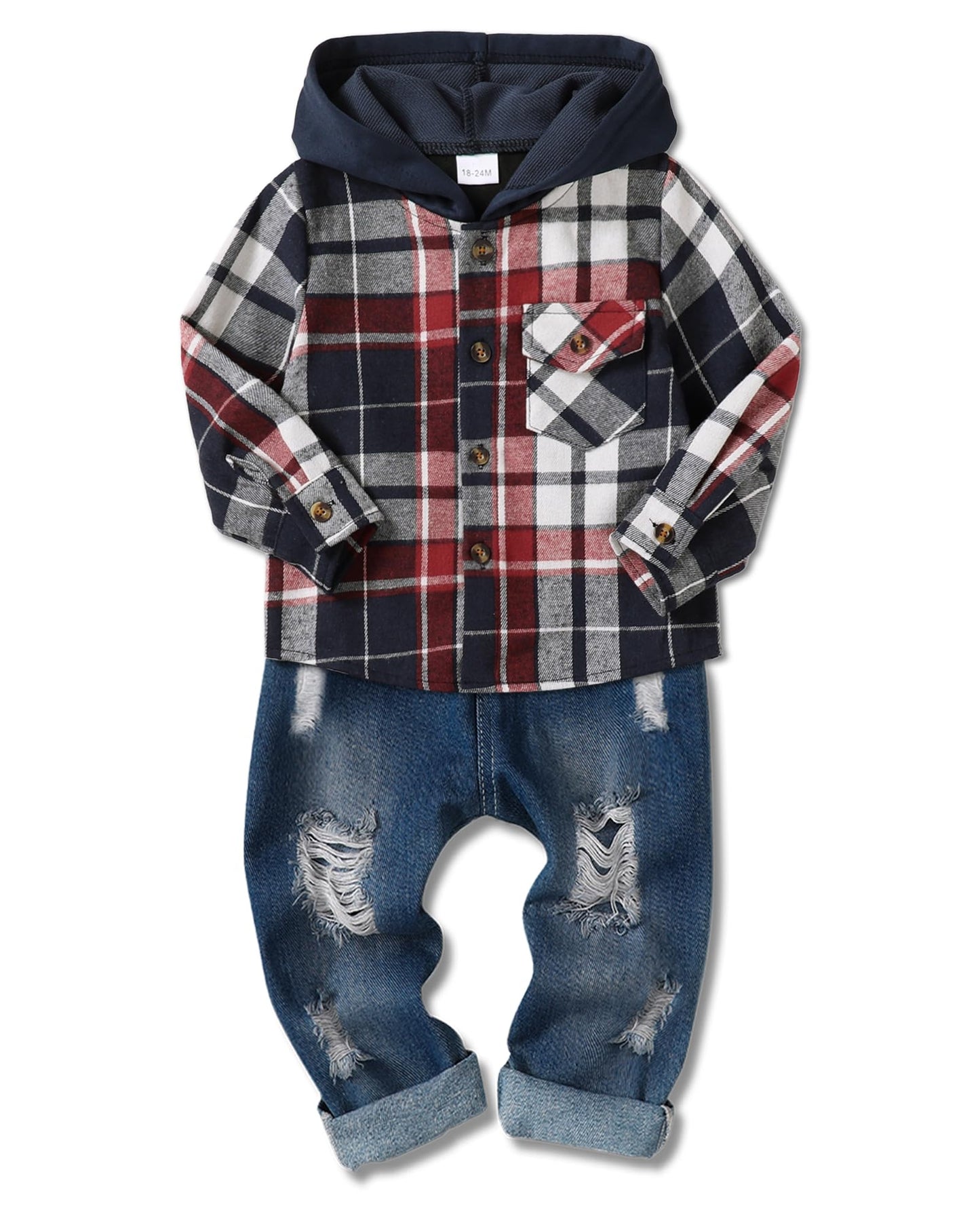 ZOEREA Toddler Baby Boys Clothes Outfits Kids Hoodie Flannel Shirts Set Plaid Hooded Tops +Jeans Pants Fall Winter 2-6T