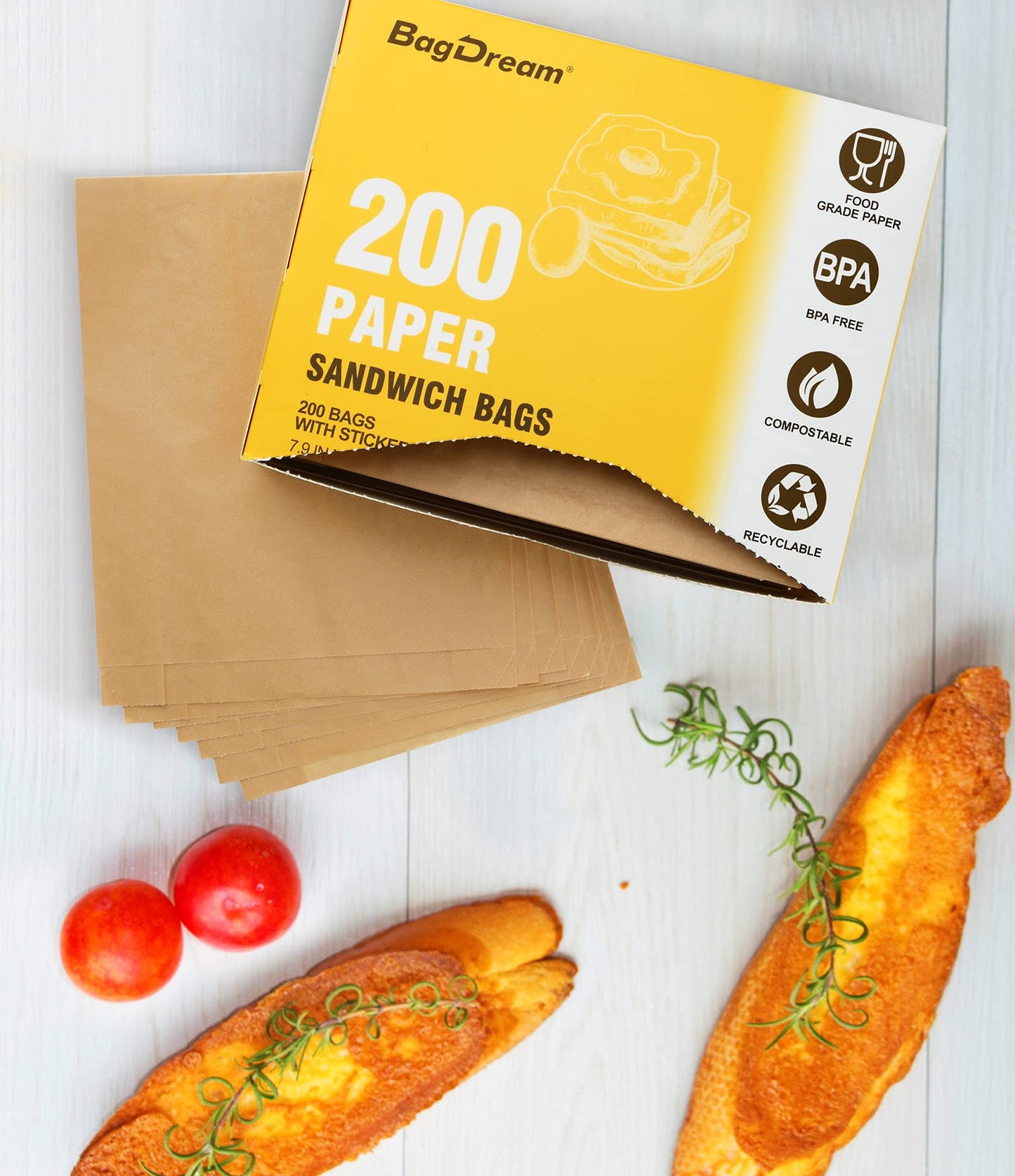 BagDream Paper Sandwich Bags 7.9x6.3x1.96 Inches 200ct Sealable with Thank You Stickers
