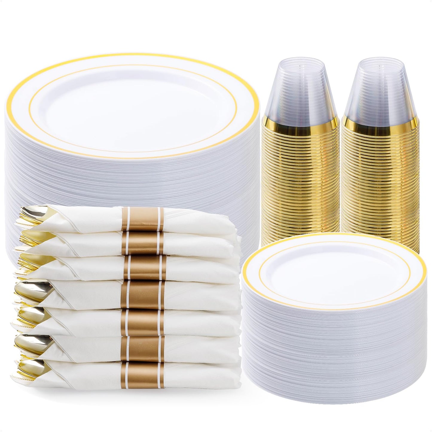 350PCS Gold Plastic Disposable Dinnerware Set, for 50 Guests, Include: 100 Plastic Plates, 50 Pre Rolled Napkins with Gold Silverware, 50 Cups