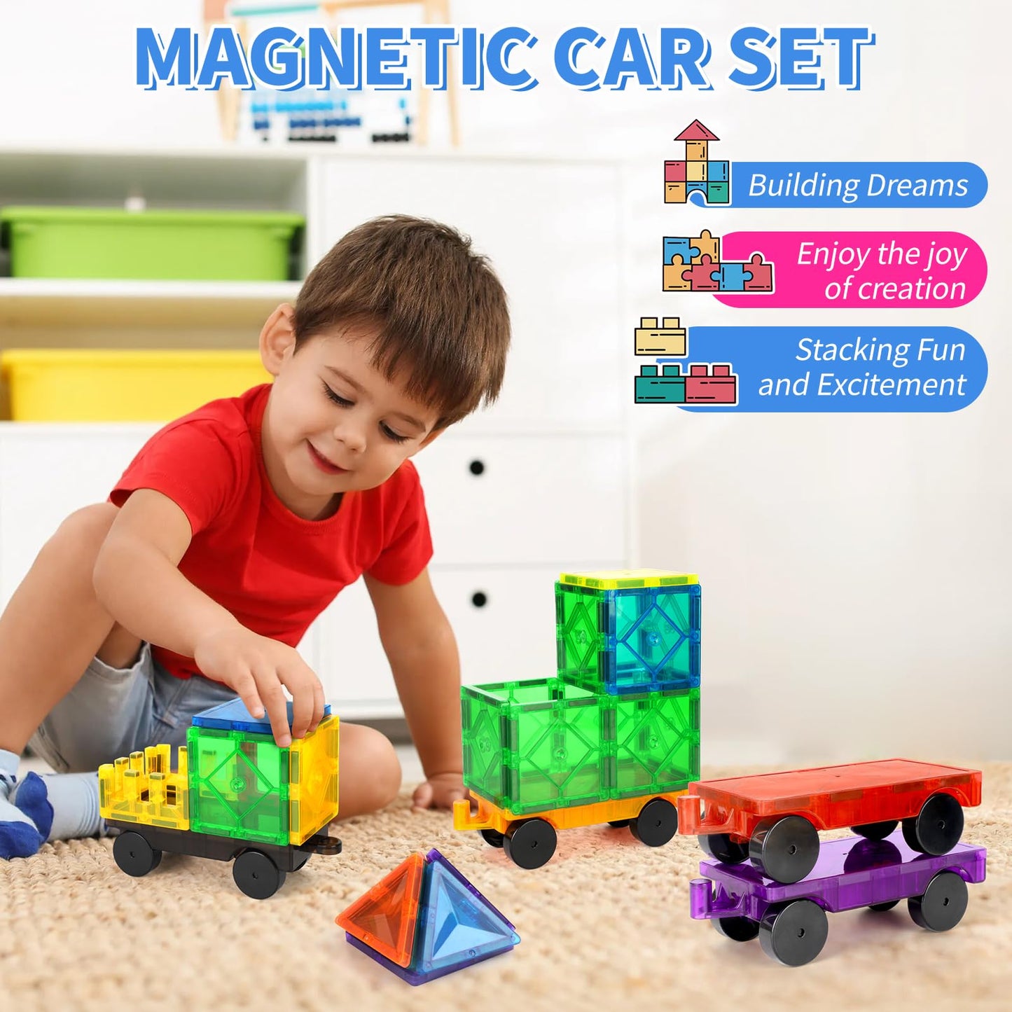 Magna Tiles Cars Construction Set - 4 PCS Magnetic Tiles Sensory Toys