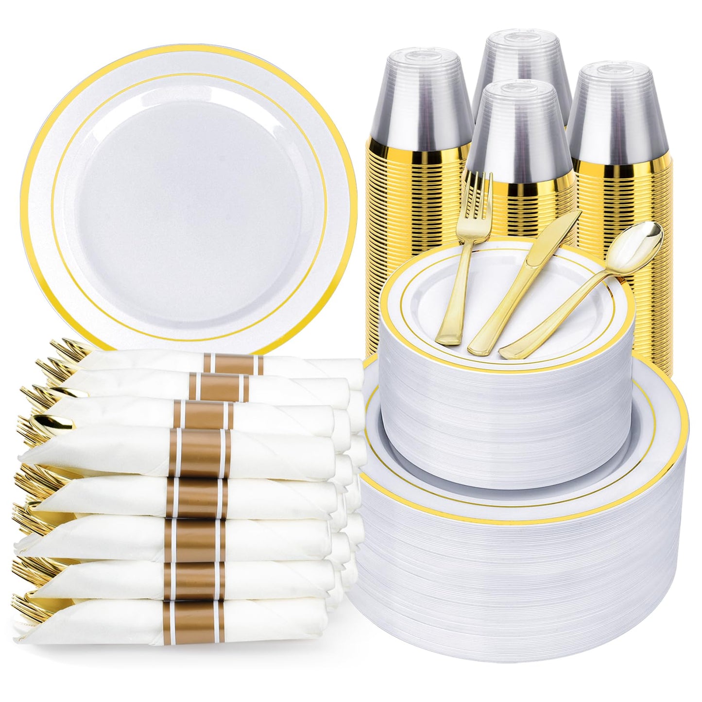 350PCS Gold Plastic Disposable Dinnerware Set, for 50 Guests, Include: 100 Plastic Plates, 50 Pre Rolled Napkins with Gold Silverware, 50 Cups