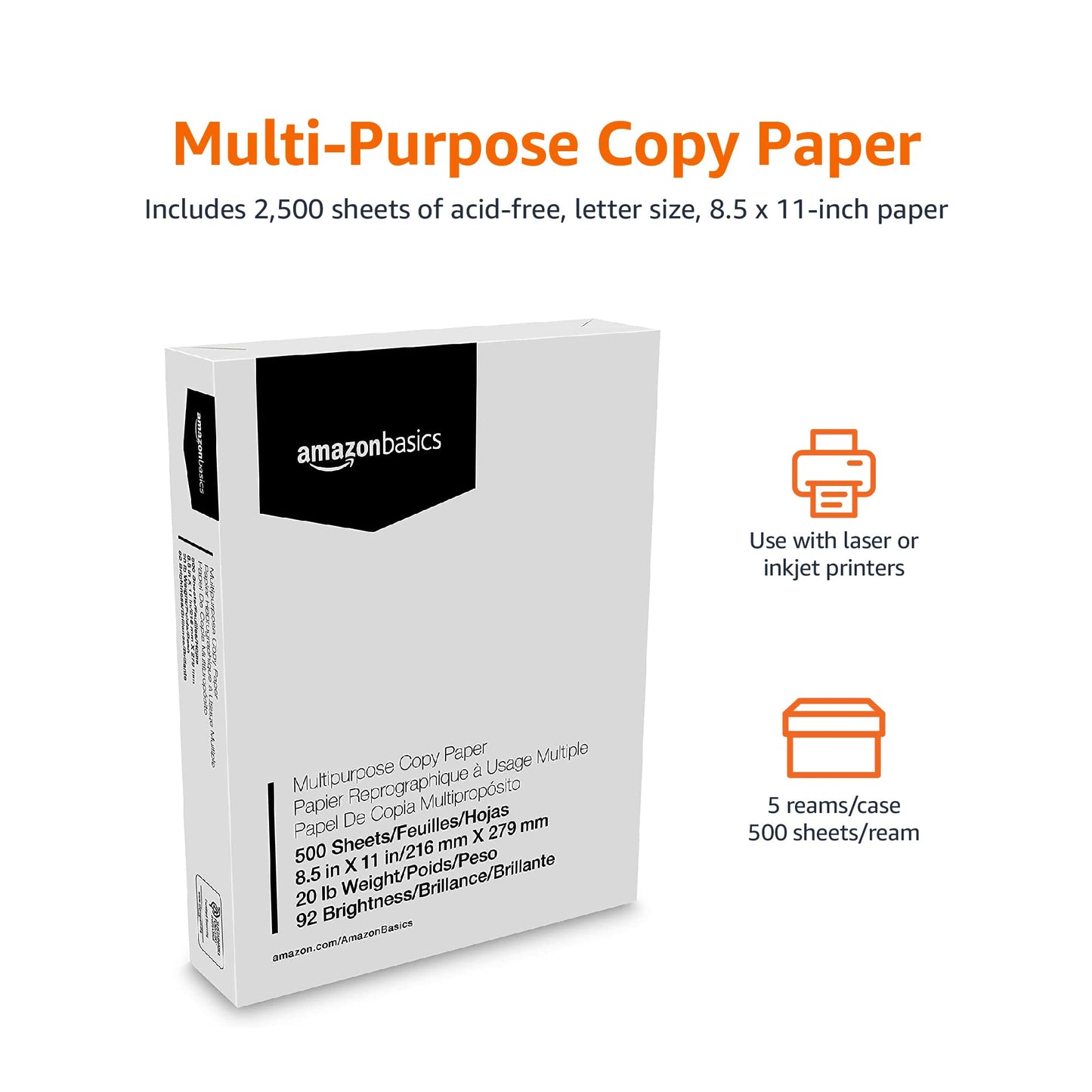 Multipurpose Copy Printer Paper, 20 lb, 8.5 x 11 Inches, 3 Reams (1,500 Sheets), 92 Bright, White