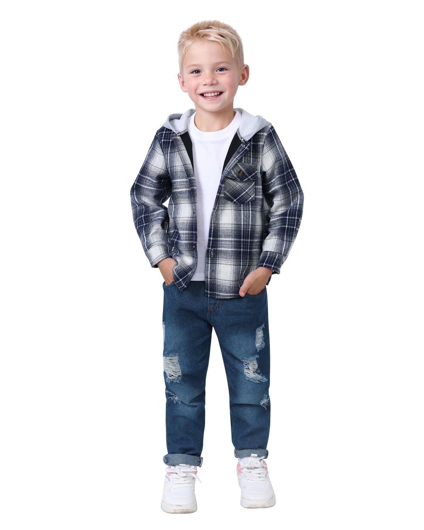 ZOEREA Toddler Baby Boys Clothes Outfits Kids Hoodie Flannel Shirts Set Plaid Hooded Tops +Jeans Pants Fall Winter 2-6T