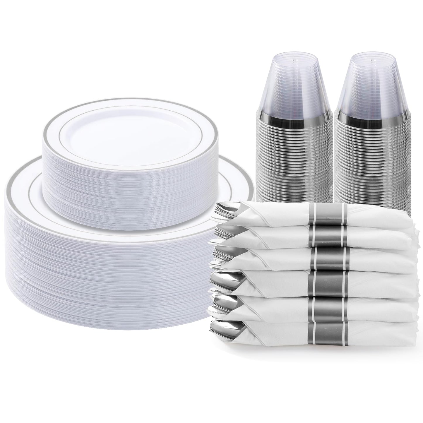 350PCS Gold Plastic Disposable Dinnerware Set, for 50 Guests, Include: 100 Plastic Plates, 50 Pre Rolled Napkins with Gold Silverware, 50 Cups