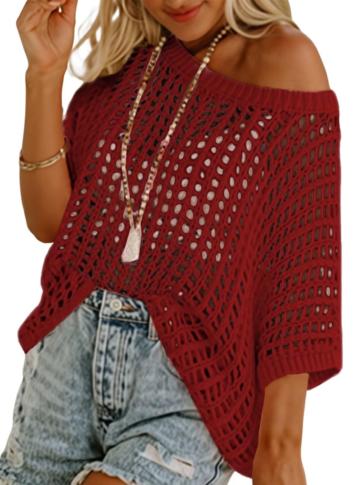 Womens Scoop Neck Short Sleeve Sweater Casual Crochet