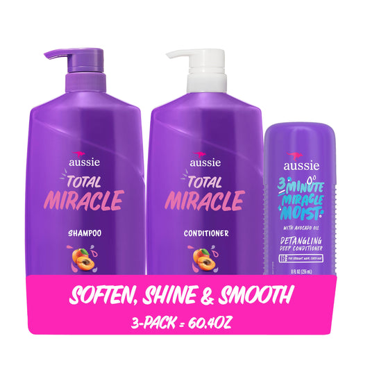 Aussie Miracle Moist Shampoo and Conditioner with 3 Minute Miracle Deep Conditioner 3 Pack 68.4 Fl Oz