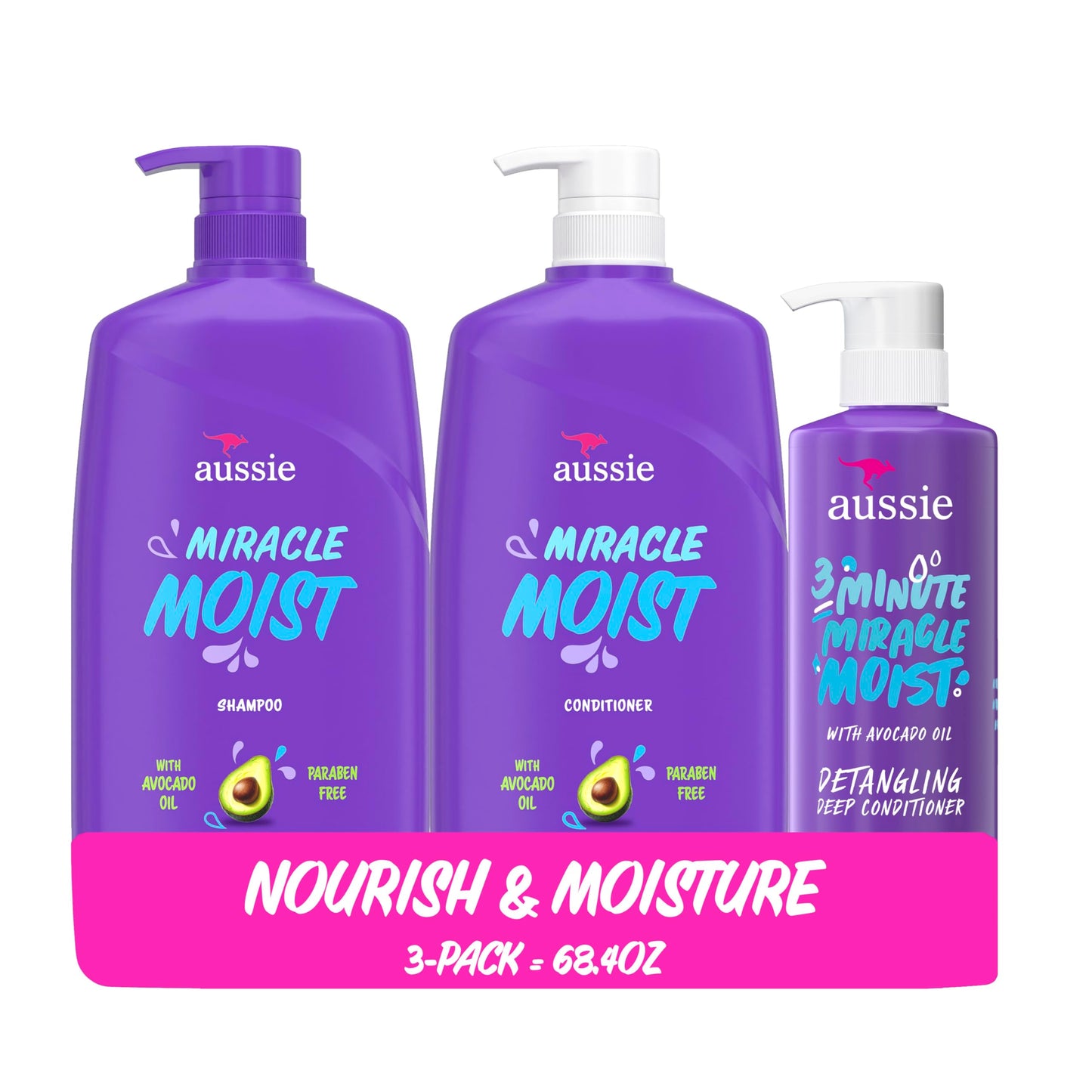 Aussie Miracle Moist Shampoo and Conditioner with 3 Minute Miracle Deep Conditioner 3 Pack 68.4 Fl Oz