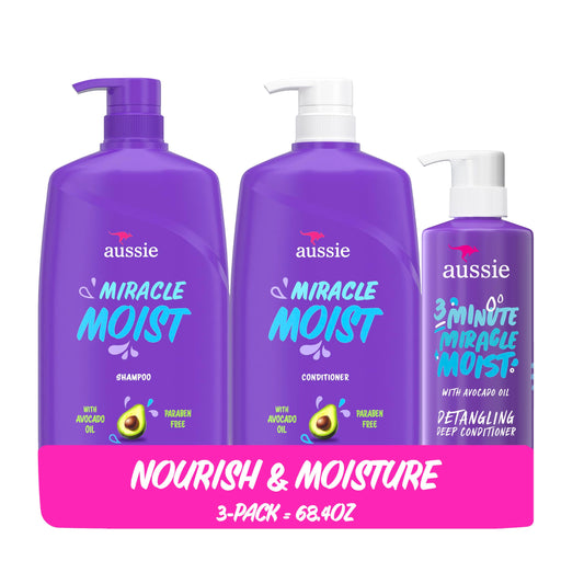 Aussie Miracle Moist Shampoo and Conditioner with 3 Minute Miracle Deep Conditioner 3 Pack 68.4 Fl Oz