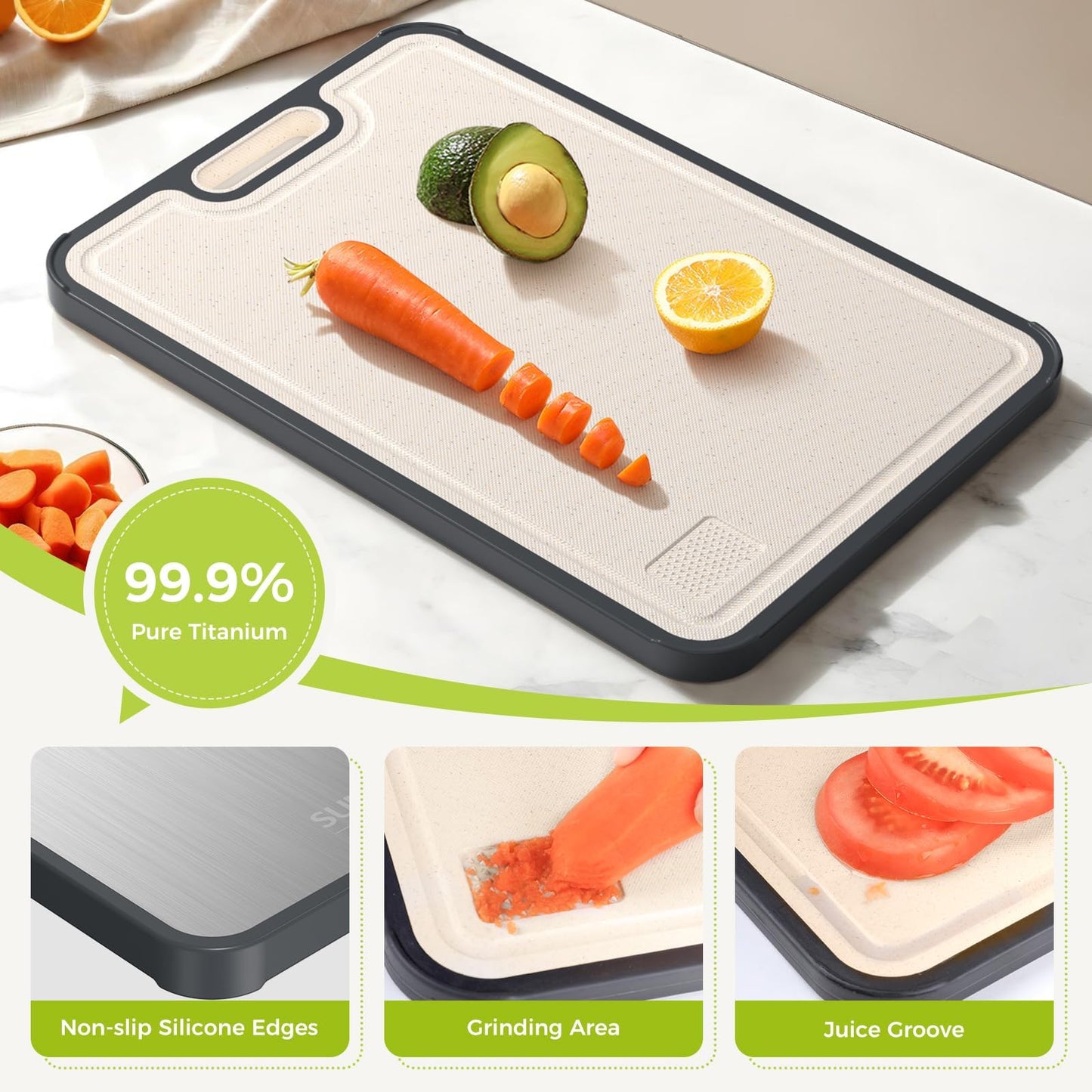Double Sided Titanium Cutting Board and Wheat Straw, Food Grade, Easy to Clean