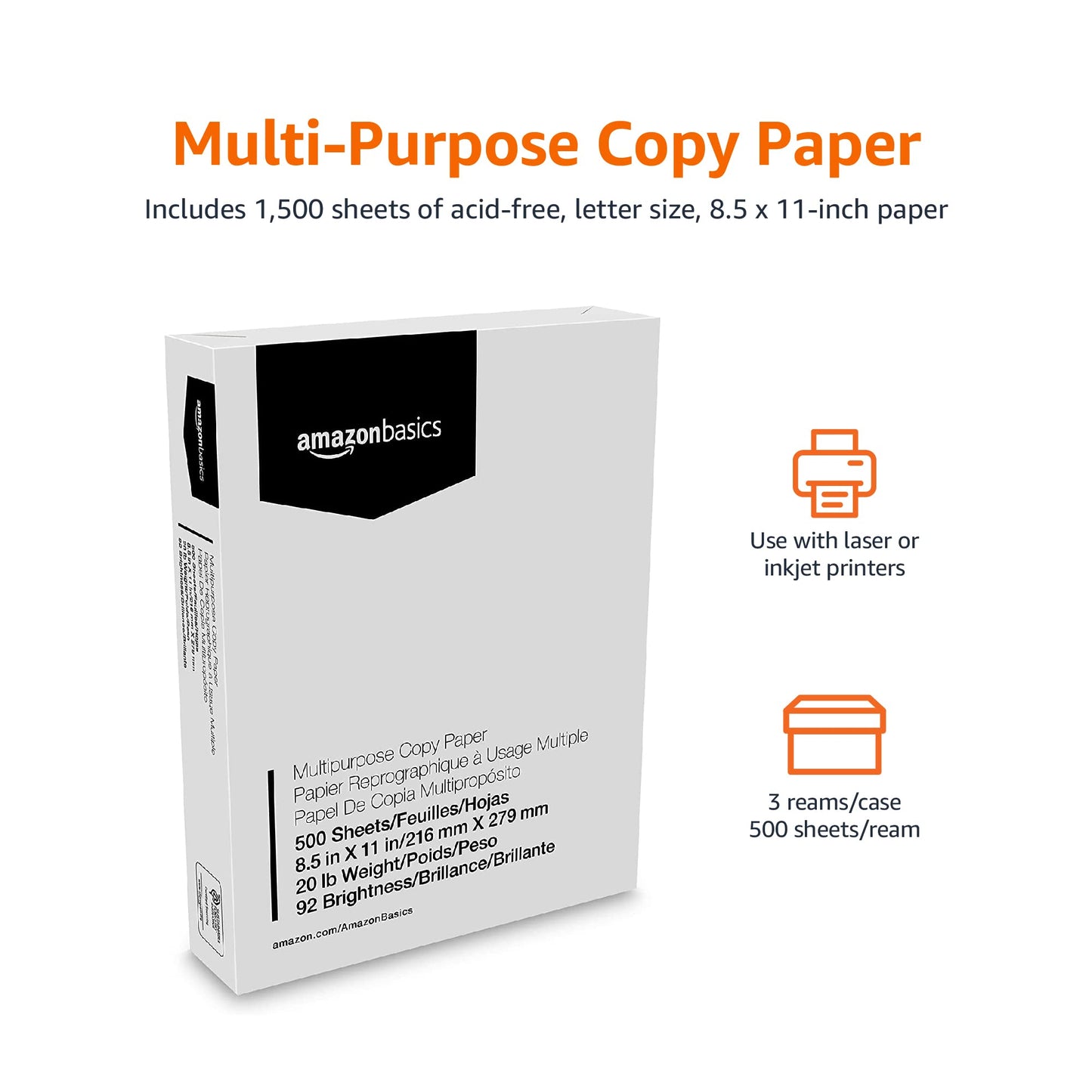 Multipurpose Copy Printer Paper, 20 lb, 8.5 x 11 Inches, 3 Reams (1,500 Sheets), 92 Bright, White