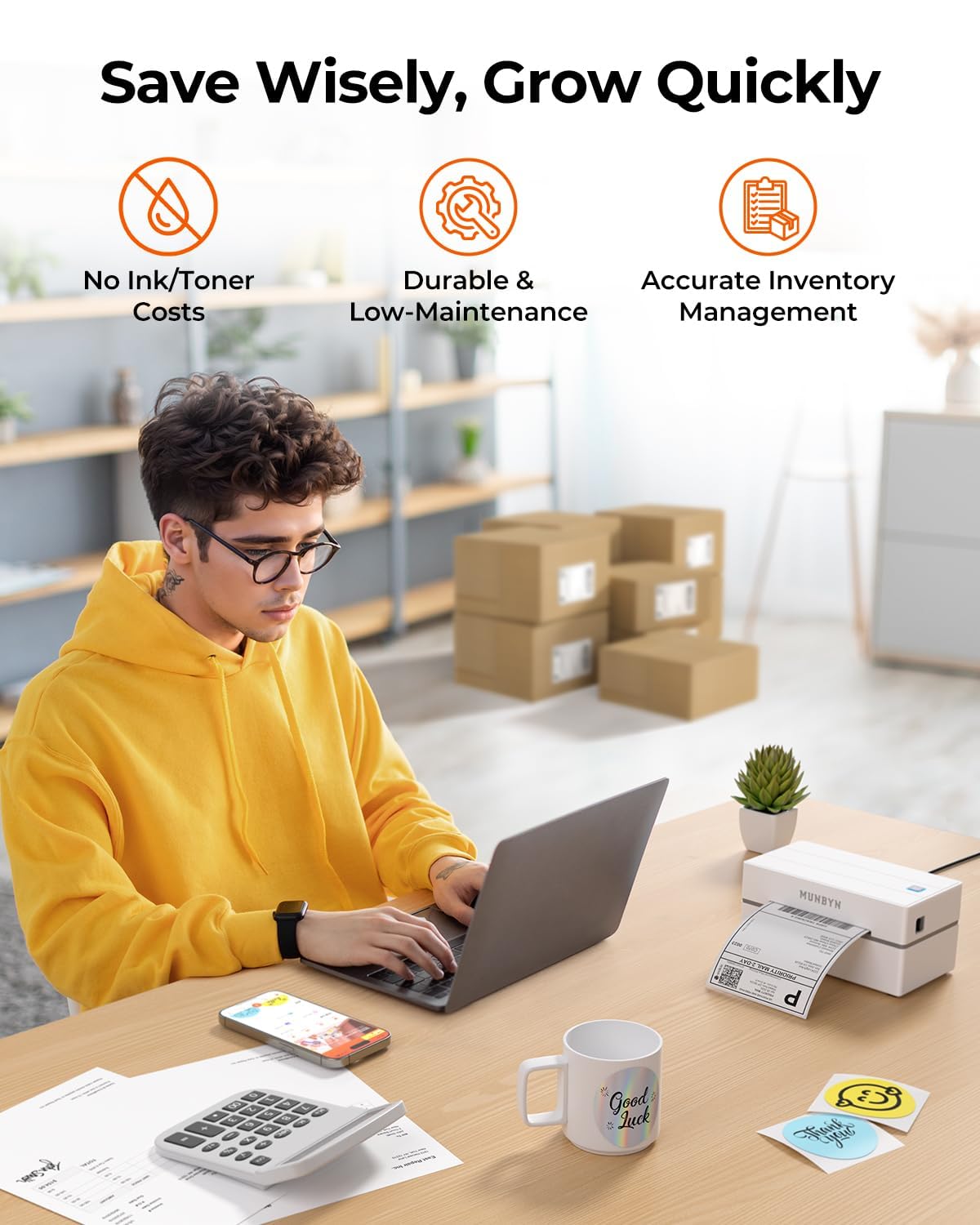 MUNBYN Bluetooth Thermal Label Printer, 130B Wireless 4x6 Shipping Label Printer for Shipping