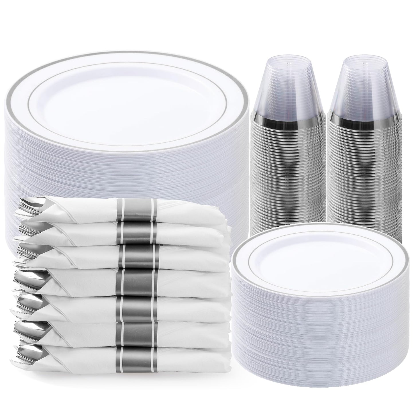 350PCS Gold Plastic Disposable Dinnerware Set, for 50 Guests, Include: 100 Plastic Plates, 50 Pre Rolled Napkins with Gold Silverware, 50 Cups