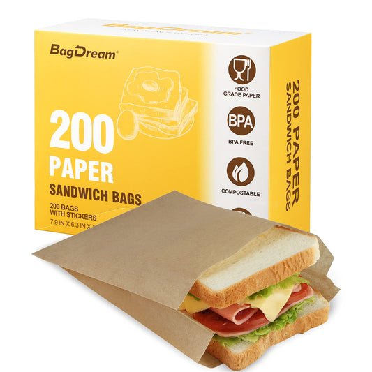 BagDream Paper Sandwich Bags 7.9x6.3x1.96 Inches 200ct Sealable with Thank You Stickers