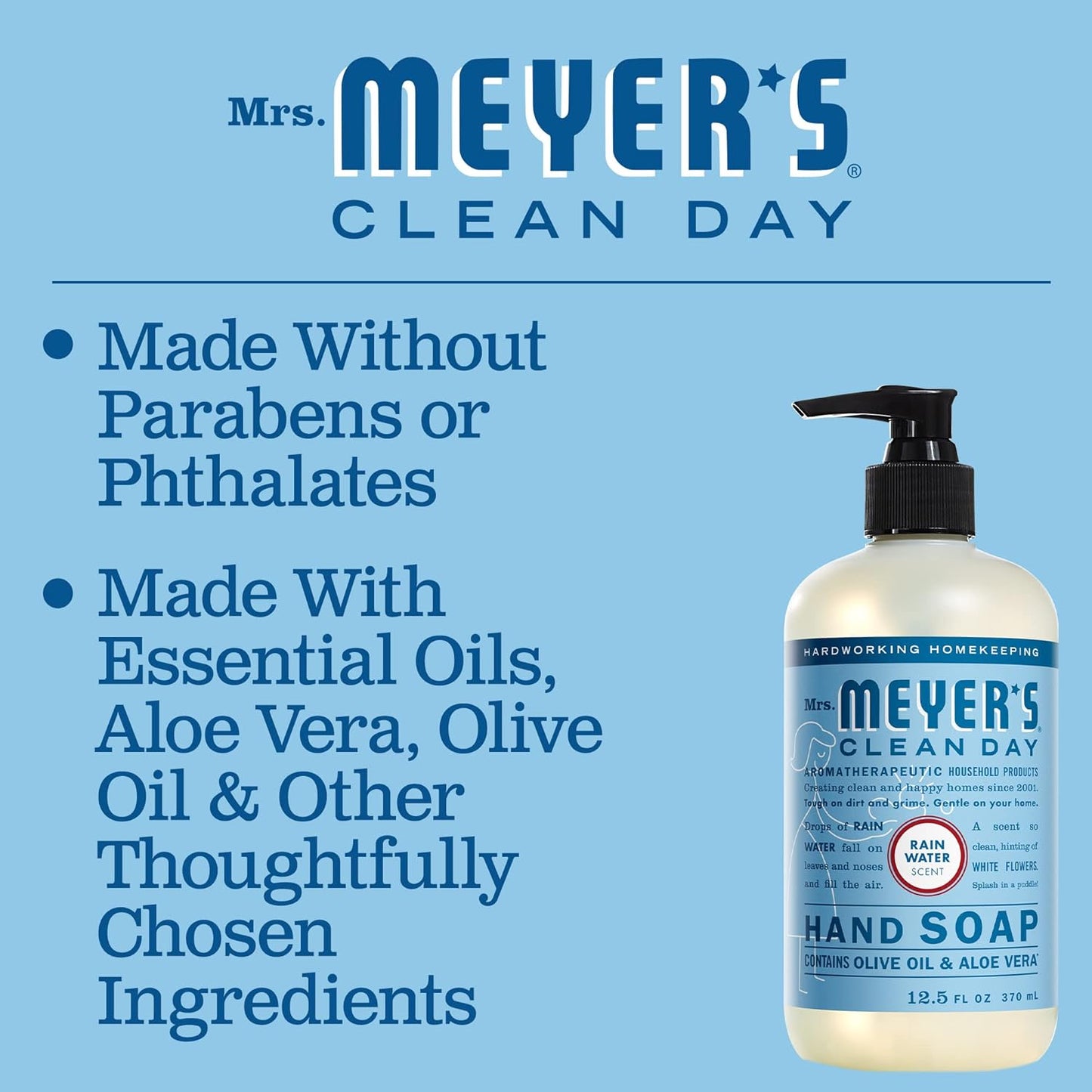 Pack of 3 MRS. MEYER'S CLEAN DAY Hand Soap, Made with Essential Oils, Biodegradable Formula, Rain Water