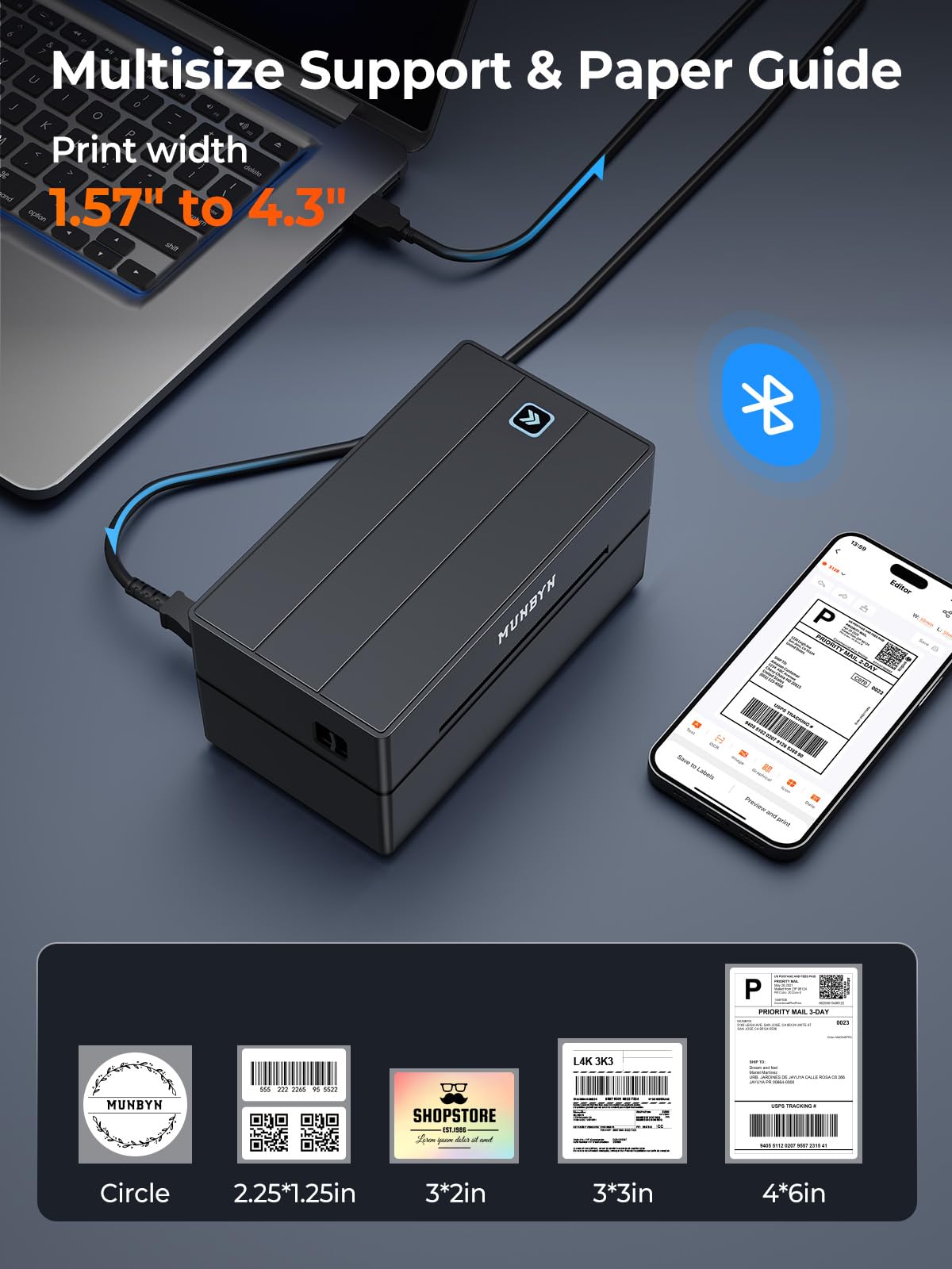 MUNBYN Bluetooth Thermal Label Printer, 130B Wireless 4x6 Shipping Label Printer for Shipping