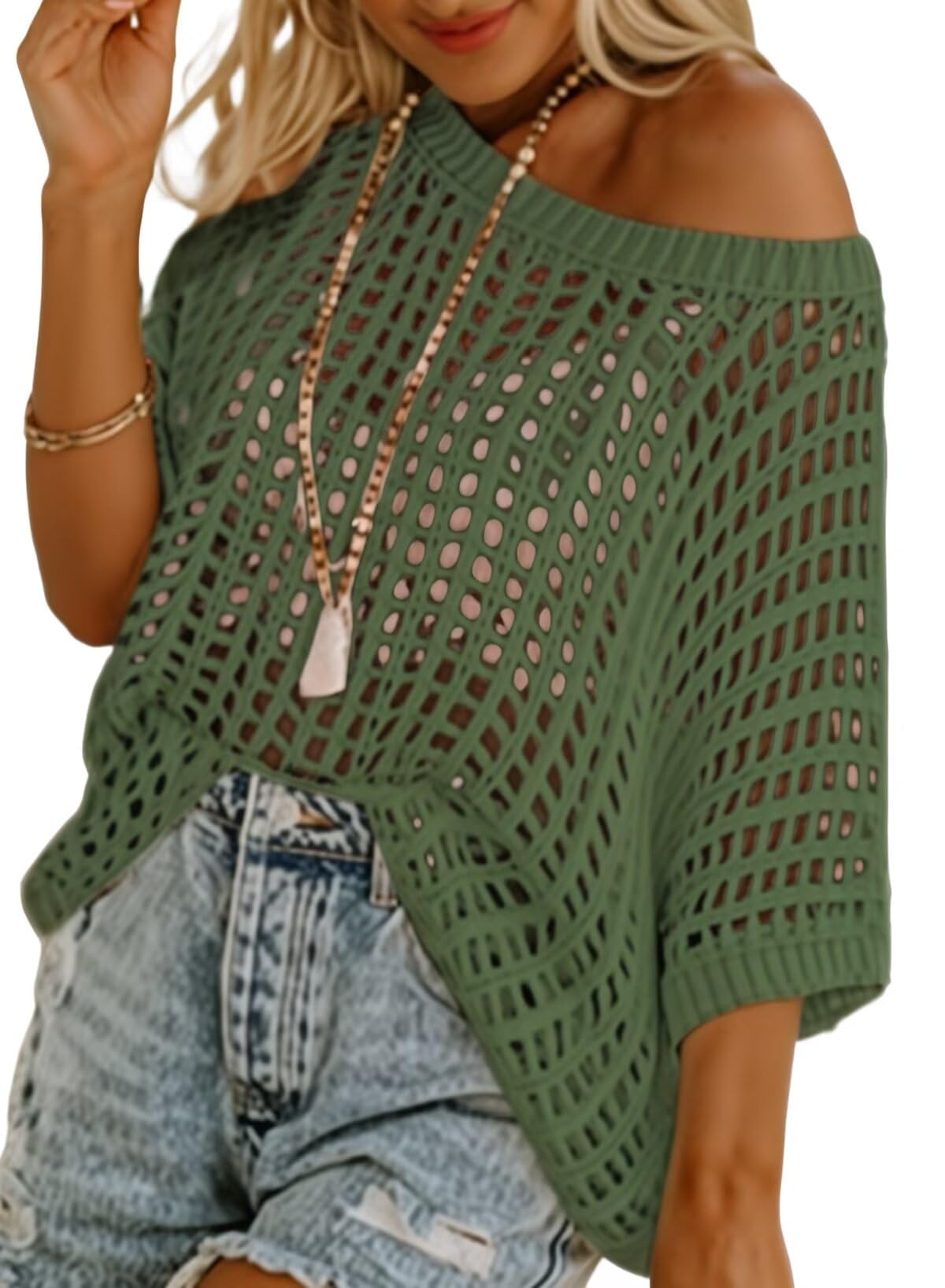 Womens Scoop Neck Short Sleeve Sweater Casual Crochet